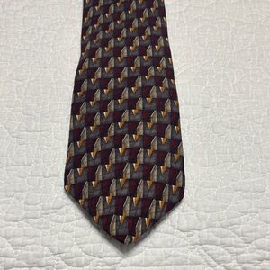 Oscar De La Renta Silk Geometric Diamond Pattern Tie Burgundy Grey Orangey Blue